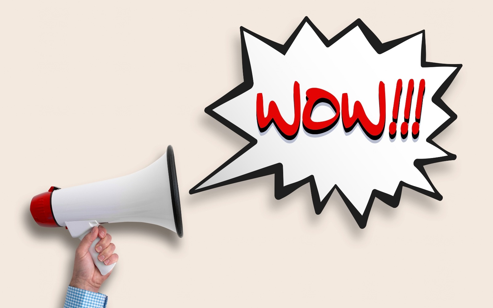 Vocal Image – Stimme mit Wirkung Megafon mit Sprechblase WOW, Symbol für eine Stimme, die Wirkung erzeugt