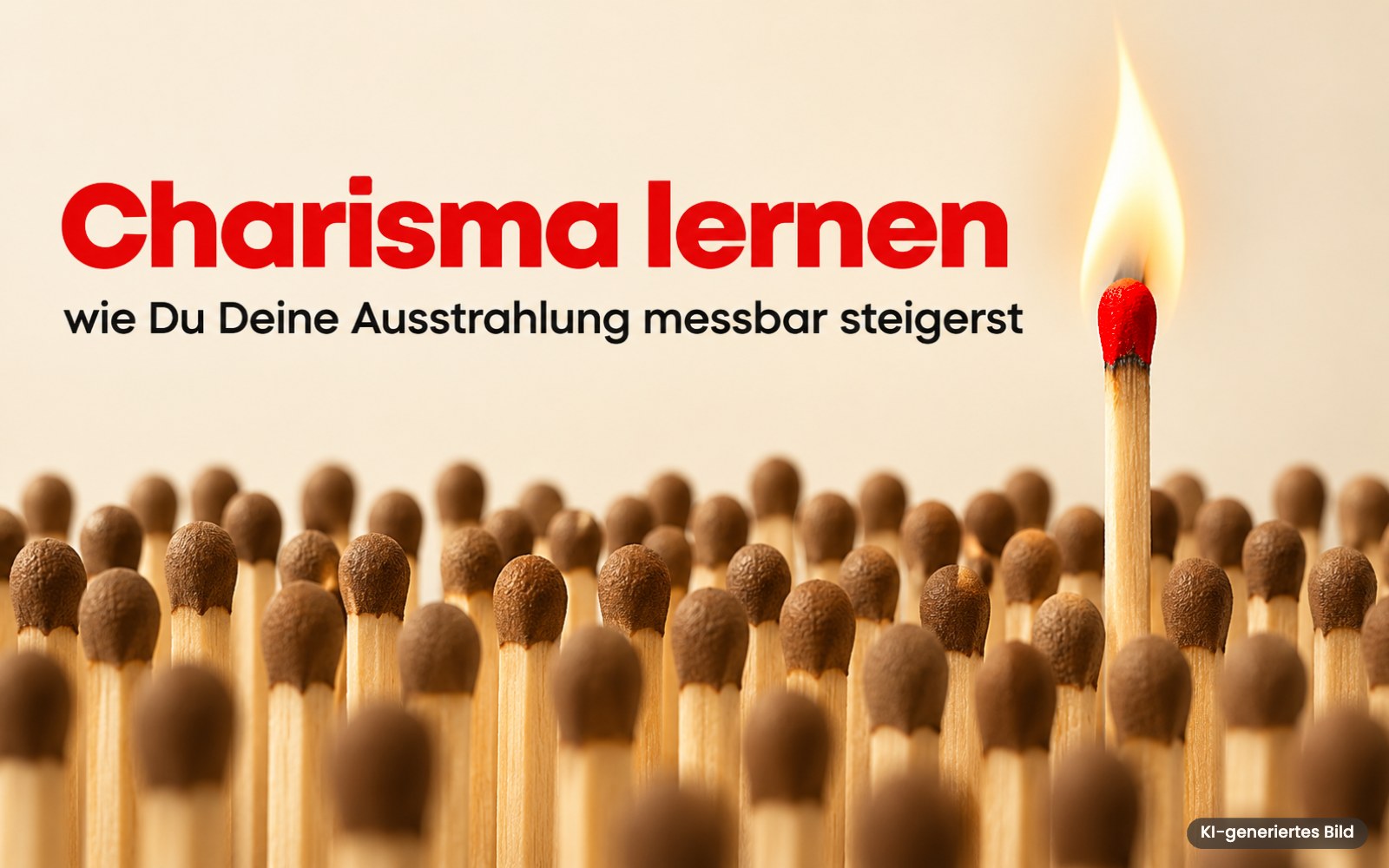 Charisma lernen – brennendes Streichholz Ein brennendes Streichholz mit rotem Kopf ragt aus einer Menge unangezündeter Streichhölzer, daneben der Schriftzug Charisma lernen